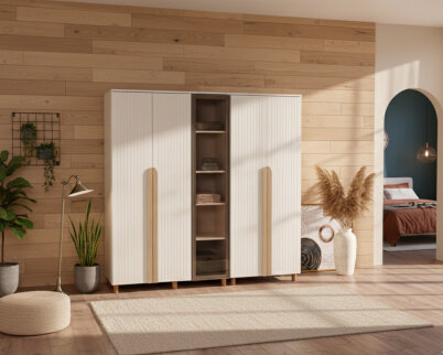 İtra 5 Kapaklı Gardırop Krem Gövde (4 Kapak Krem Lake 1 Kapak Camlı) - 