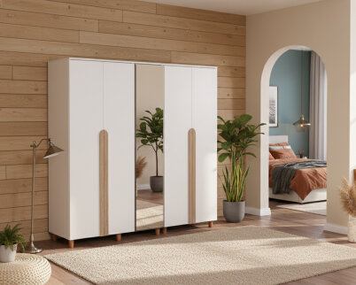 İtra 5 Kapaklı Gardırop Krem Gövde (4 Kapak Krem MDFLAM 1 Kapak Aynalı) - 