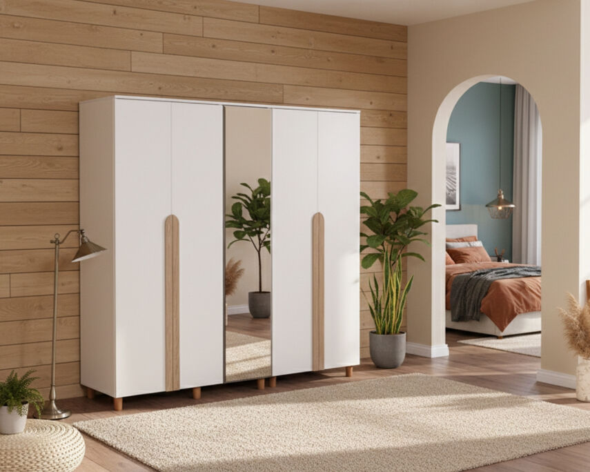 İtra 5 Kapaklı Gardırop Krem Gövde (4 Kapak Krem MDFLAM 1 Kapak Aynalı) - 1