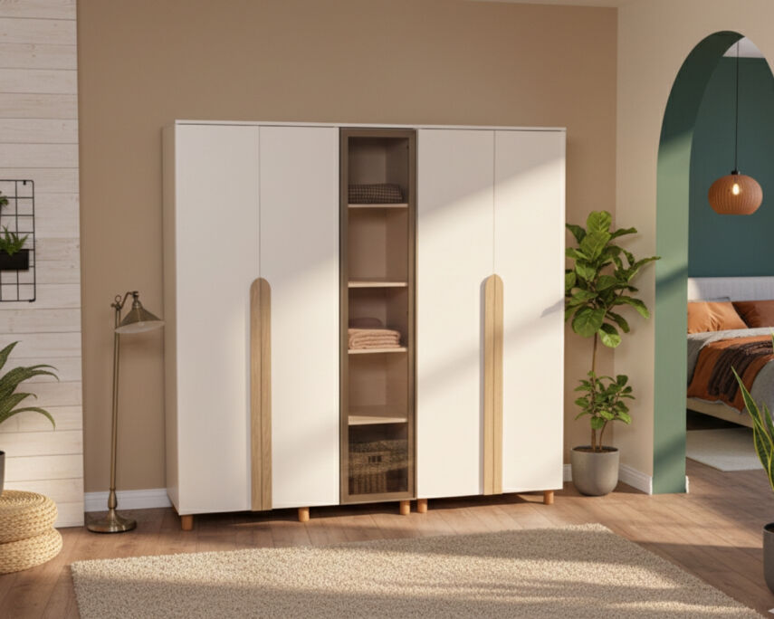 İtra 5 Kapaklı Gardırop Krem Gövde (4 Kapak Krem MDFLAM 1 Kapak Camlı) - 1