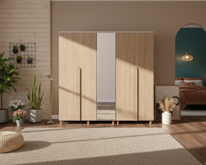 İtra 5 Kapaklı Gardırop Krem Gövde (4 Kapak Meşe MDFLAM 1 Kapak Aynalı) - 