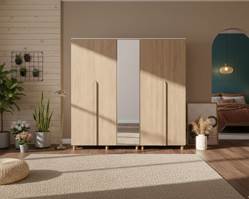 İtra 5 Kapaklı Gardırop Krem Gövde (4 Kapak Meşe MDFLAM 1 Kapak Aynalı) - 1