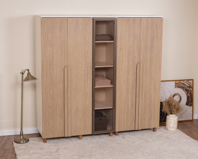 İtra 5 Kapaklı Gardırop Krem Gövde (4 Kapak Meşe MDFLAM 1 Kapak Camlı) - 2