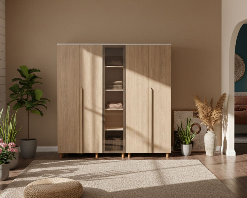 İtra 5 Kapaklı Gardırop Krem Gövde (4 Kapak Meşe MDFLAM 1 Kapak Camlı) - 1