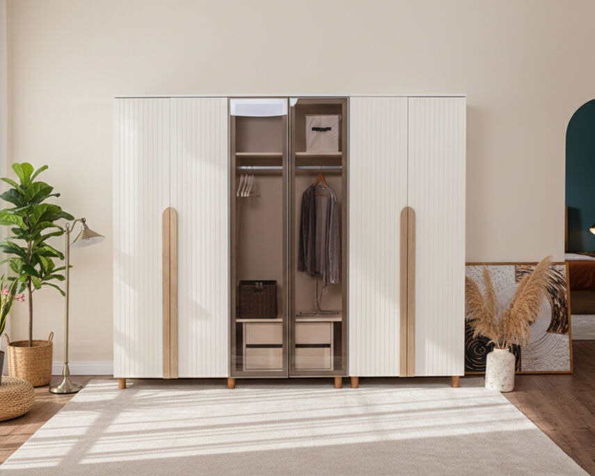 İtra 6 Kapaklı Gardırop Krem Gövde (4 Kapak Krem Lake 2 Kapak Camlı) - 1