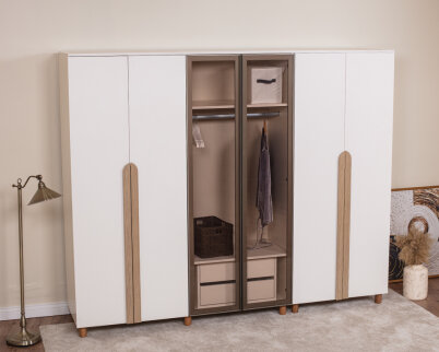 İtra 6 Kapaklı Gardırop Krem Gövde (4 Kapak Krem MDFLAM 2 Kapak Camlı) - 2