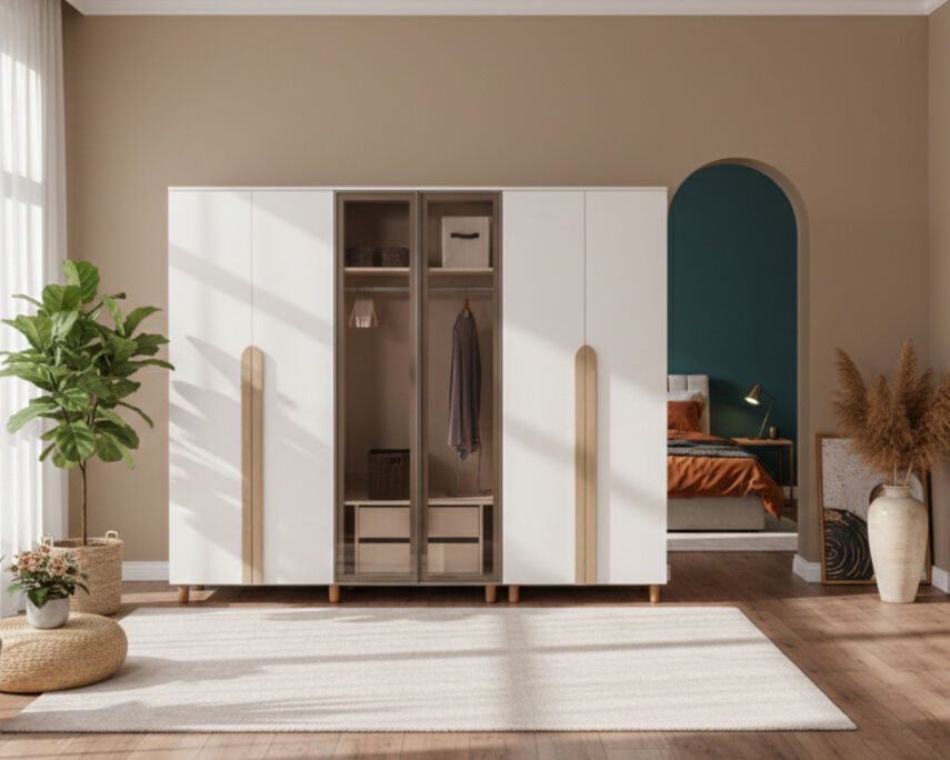 İtra 6 Kapaklı Gardırop Krem Gövde (4 Kapak Krem MDFLAM 2 Kapak Camlı) - 1