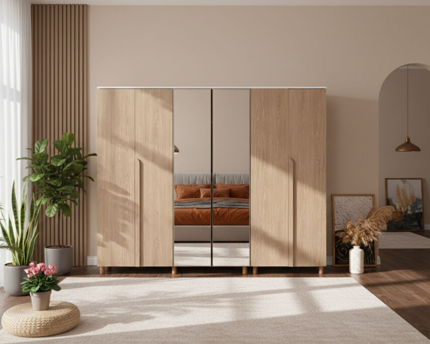 İtra 6 Kapaklı Krem Gövde (4 Kapak Meşe MDFLAM 2 Kapak Aynalı) - 1