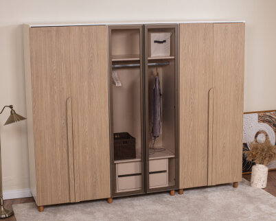 İtra 6 Kapaklı Gardırop Krem Gövde (4 Kapak Meşe MDFLAM 2 Kapak Camlı) - 2