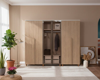 İtra 6 Kapaklı Gardırop Krem Gövde (4 Kapak Meşe MDFLAM 2 Kapak Camlı) - 