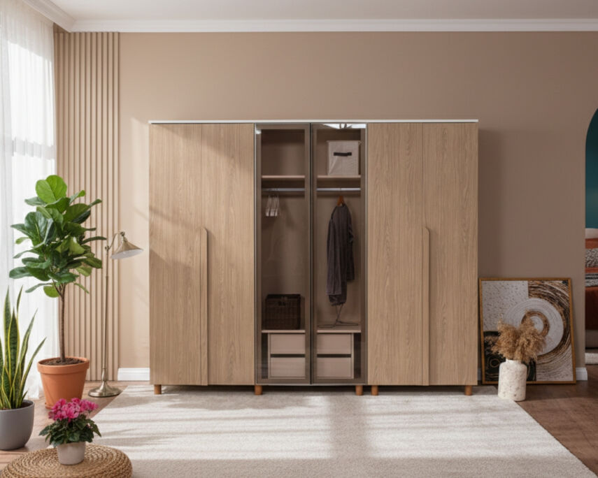 İtra 6 Kapaklı Gardırop Krem Gövde (4 Kapak Meşe MDFLAM 2 Kapak Camlı) - 1