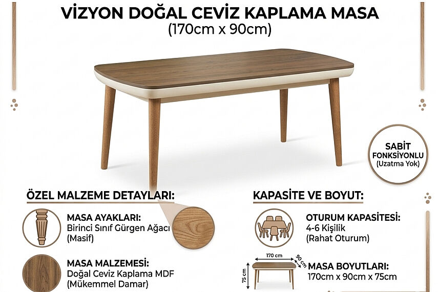 Vizyon Doğal Ceviz Kaplama Sabit Masa 170 x 90 - 3