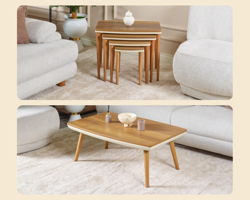 Vizyon Doğal Ceviz Kaplama Orta Sehpa + Servis Sehpası - 1